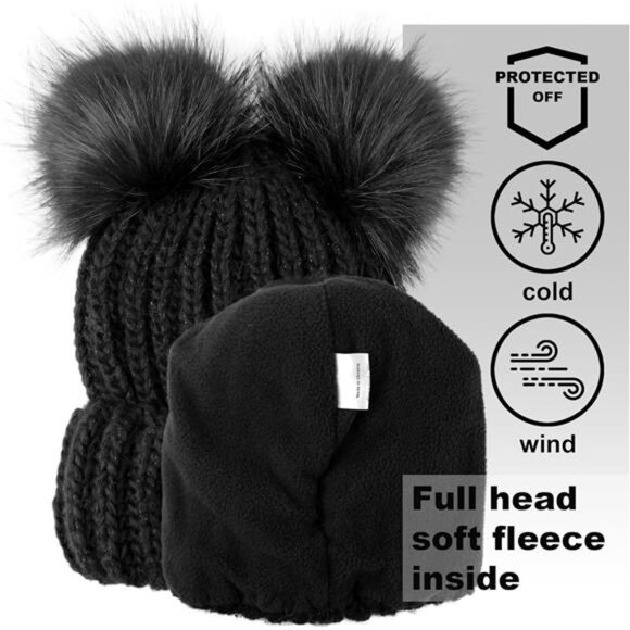 Women\'s Beanie Hat 2 Pom Cable Knit Winter Warm Fleece Hat Wool Cuff Ski Cap main image 3